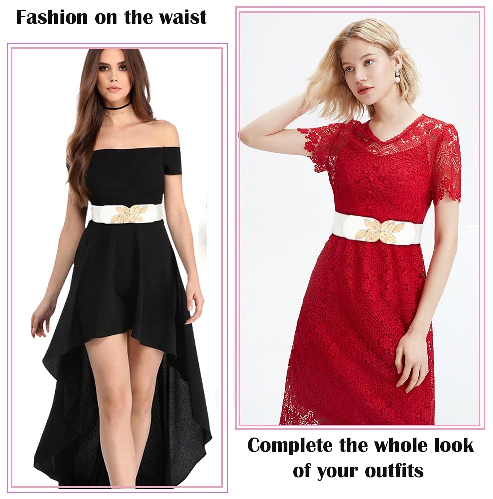 Women's Stretchy Belt for Dress Vintage Wide Gold/silver Leaf Buckle Waist Belts for women Elastic Waistband