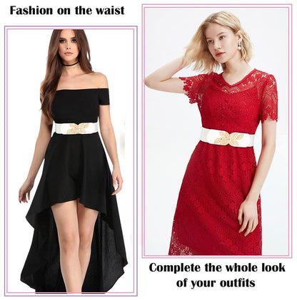 Women's Stretchy Belt for Dress Vintage Wide Gold/silver Leaf Buckle Waist Belts for women Elastic Waistband