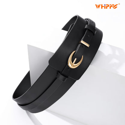WHIPPY Women Wide Leather Belt Fashion Ladies Dress Belt 2-in-1 Waistband with Skinny Belt for Dress Suits, Black, M