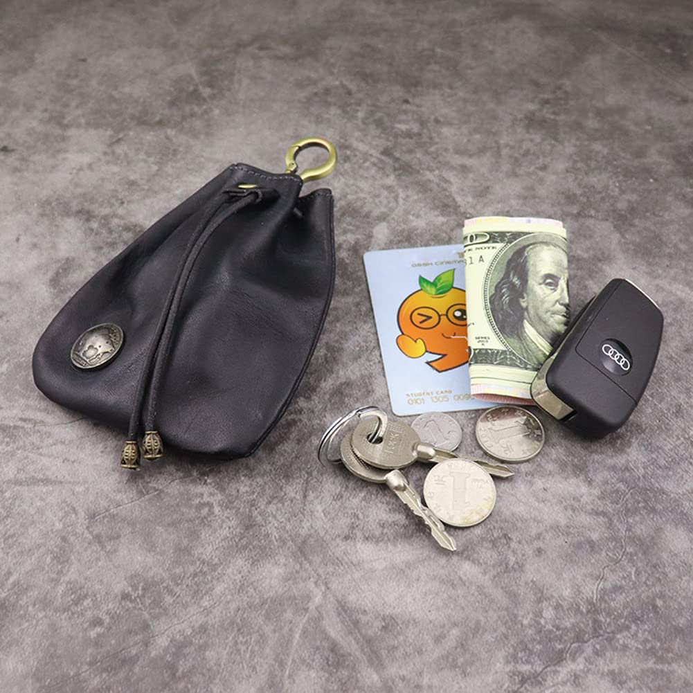 Wugebud 1 Pcs Leather Mini Medieval Pouch Keychain, Coin Organizer, Change Holder, Leather Drawstring Pouch for Men & Women