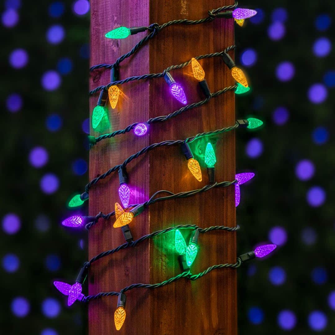 Novelty Lights 24FT 70 Light Purple Green and Yellow LED Mardi Gras Lights, C6 Bulbs, Connect up to 43 Sets, Indoor/Outdoor Use