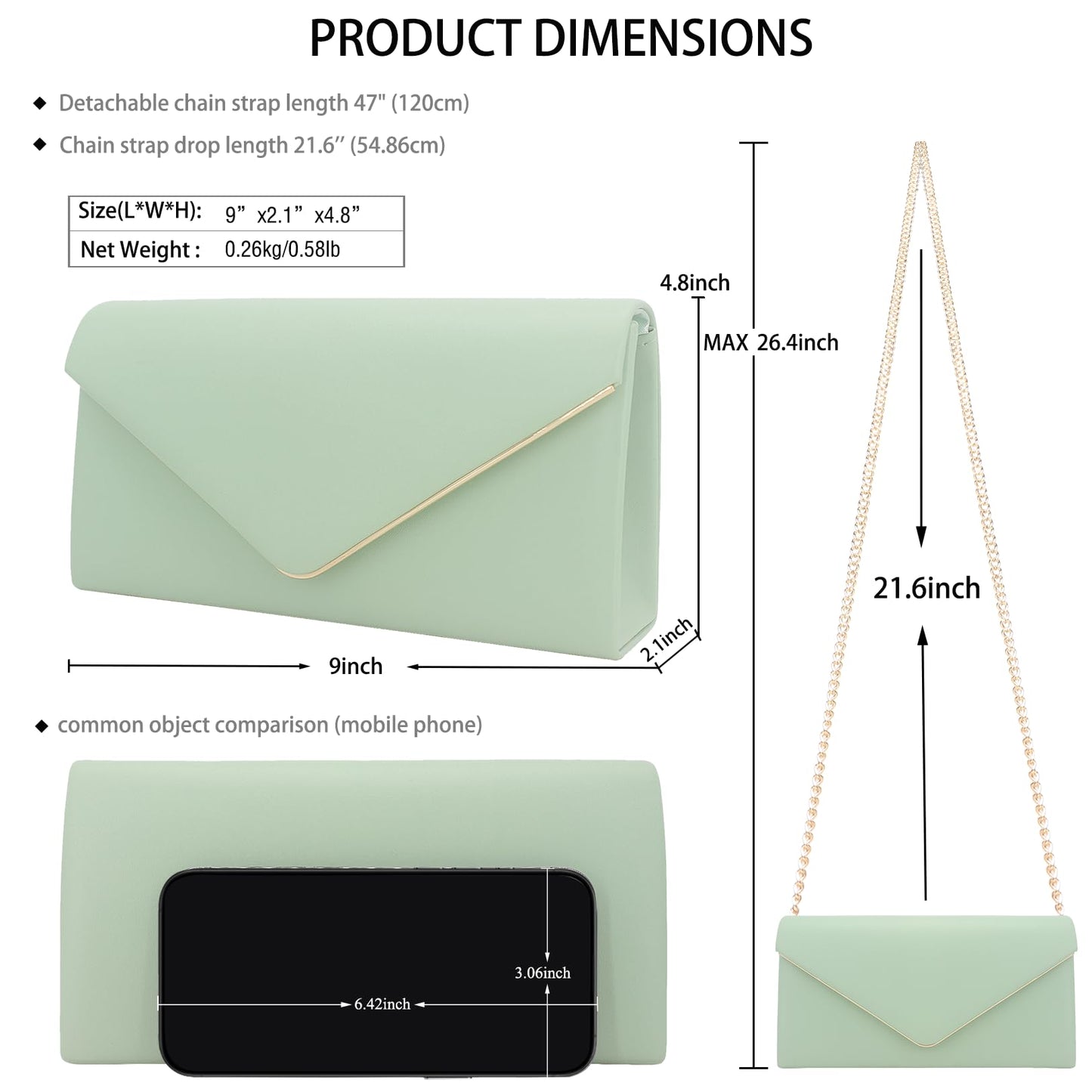 Vegan Leather Envelope Clutch Bag Classic Dressy Purse Foldover Evening Handbag Mint