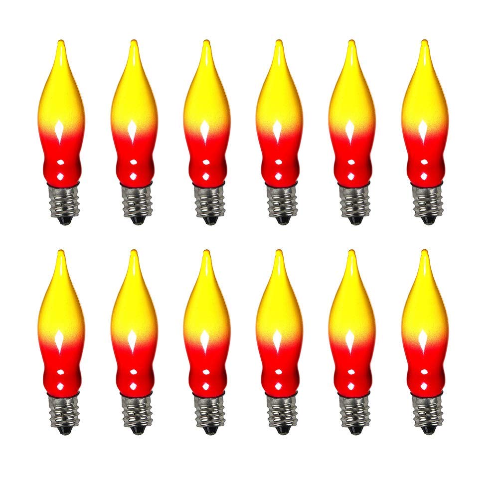 12 Pack C18 Red and Yellow Christmas Flame Candle Lights Bulb, E12 Candelabra Base Flame Shaped Incandescent Replacement Bulbs for Christmas Window Candles, Chandelier, Outdoor String Lights Decor
