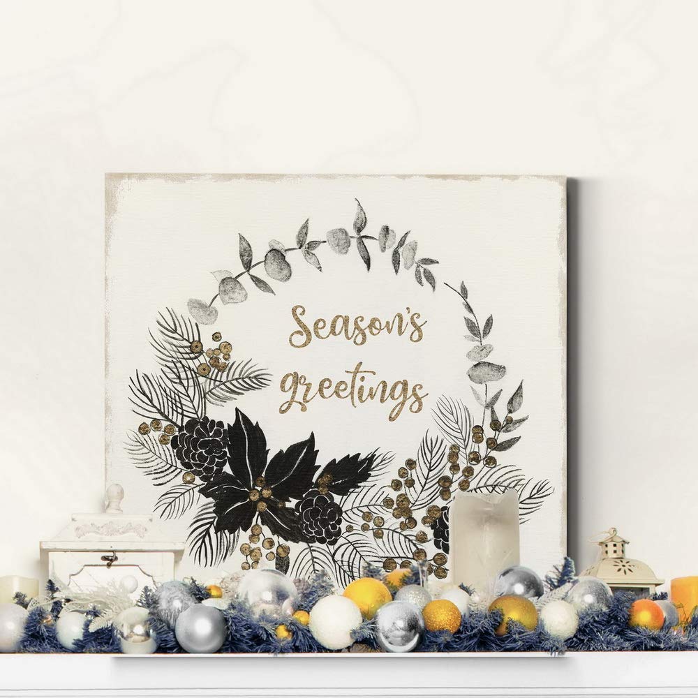 Renditions Gallery Season's Greetings Wreath Wall Art, Charming Christmas & Winter Artwork, Festive Word Art, Premium Gallery Wrapped Canvas Decor, Ready to Hang, 24 in H x 24 in W, Made in America