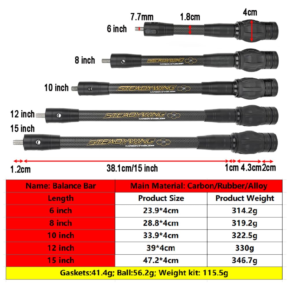 HNZMDY Archery Bow Stabilizer for Compound Bow, 6", 8",10",12",15" Carbon Fiber Blance Bar, Damping System and Shock Absorber Weights Kit (8 inch & 10 inch & QD, Black)