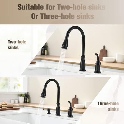 APPASO 3 Hole Kitchen Faucet with Pull Down Sprayer, Kitchen Faucets with Soap Dispenser, 3 Pieces Kitchen Sink Faucet with Separate Handle, Matte Black Kitchen Faucet 3 Hole, 218MB