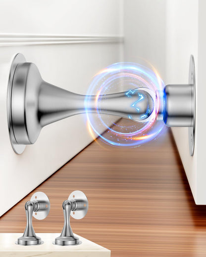 Door Stoppers Magnetic Door Catch - 2 Pack Stainless Steel Heavy Duty Door Holder Stops for Bottom Top of Door - Wall Floor Mounting No Drill 3M Adhesive & Screws Strong Magnet Keep Door Open(Silver)
