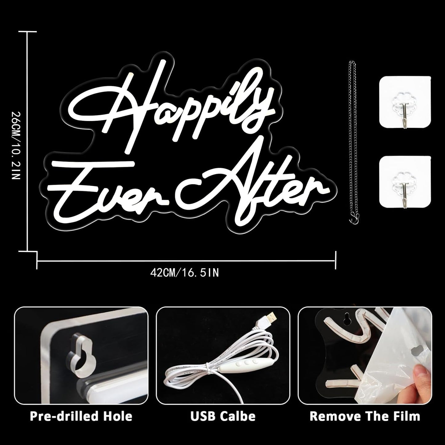 UExnkj-Y Happily Ever After Neon Sign for Wall Decor, Wedding Neon Lights Sign Dimmable USB Powered LED Sign for Bedroom Home Bar Wall Decor Anniversary Valentine's Celebrations Wedding Party