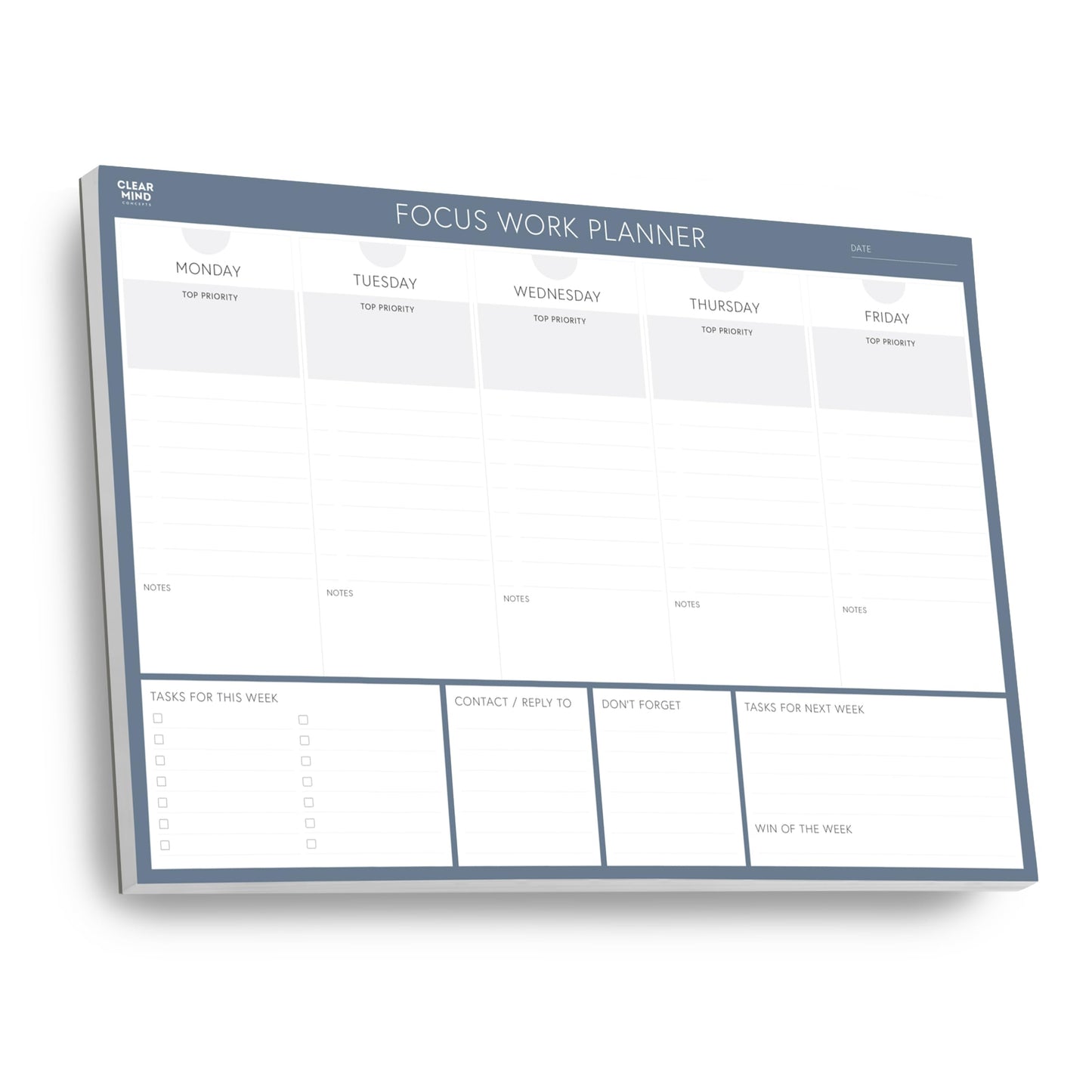 Clear Mind Concepts Focus Work Planner - Weekly Productivity Desk Organizer, 52 Undated Tear-Off Sheets, Mon-Fri Layout, 11.7” x 8.3” - Track Priorities, Tasks, Notes & Goals for Office & Remote Work