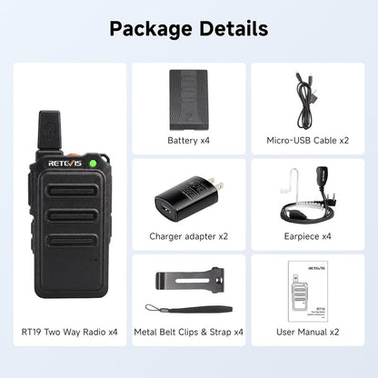Retevis RT19 Walkie Talkie - Long Range 2 Way Radio with Earpiece & Mic | Compact Mini Design for Outdoor Use (4 Pack)