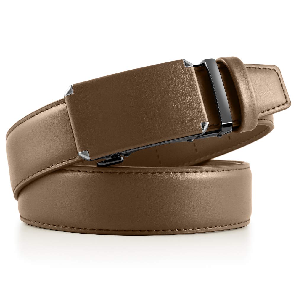 DOOPAI Men's Leather Ratchet Belt, Adjustable Belt in khaki with Sliding Length 28-36", Metal Buckle Cut to fit in the Gift BoX