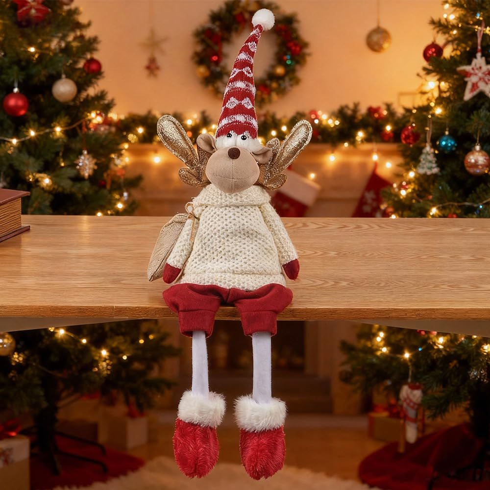 Dedrian11 Christmas Sitting Reindeer Shelf Sitter Decor, 24 Inch Plush Figurine with Dangling Legs, Poseable Arms, Weighted Bottom, Mantel Fireplace/Tabletop Holiday Decoration, Indoor