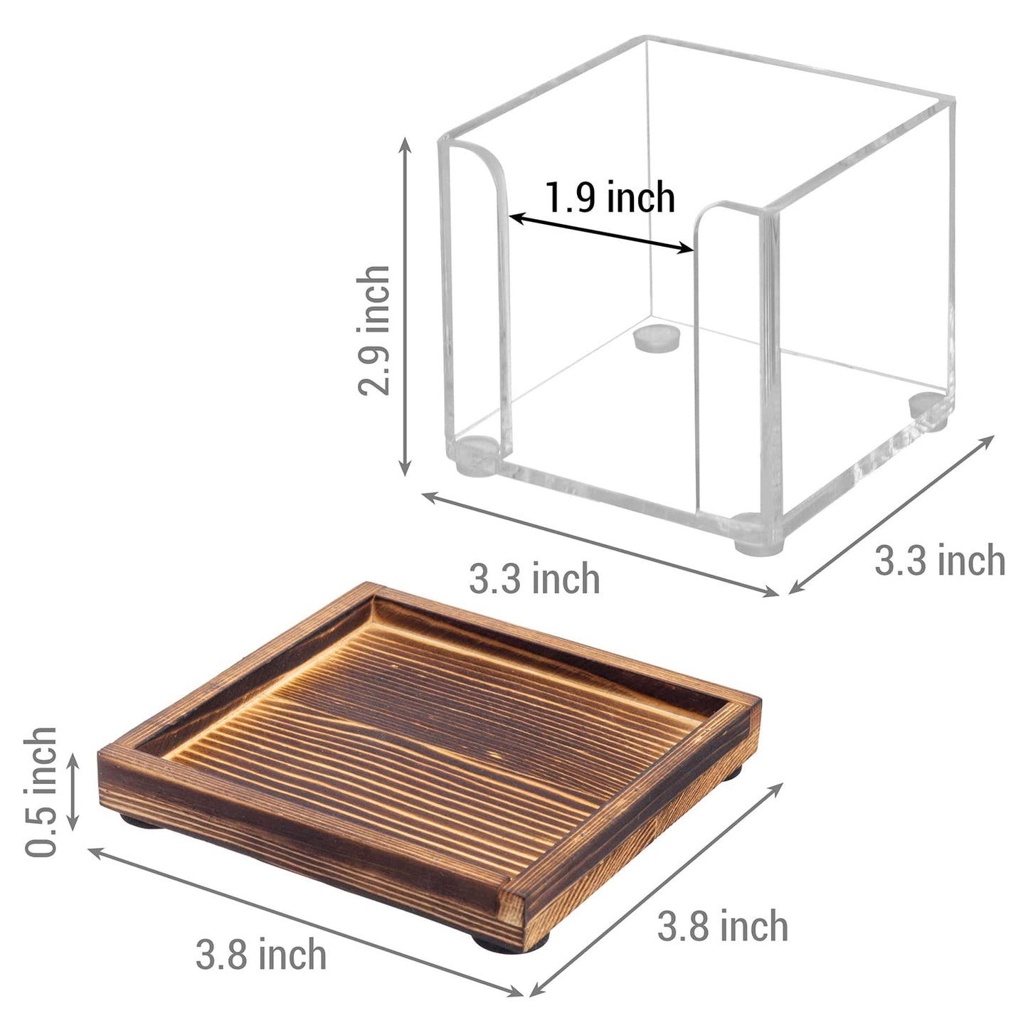 MyGift Acrylic Sticky Note Holder Dispenser with Removable Rustic Burnt Solid Wood Tray, 3-Inch Square Office Desktop Self-Stick Memo Pad Storage Cube