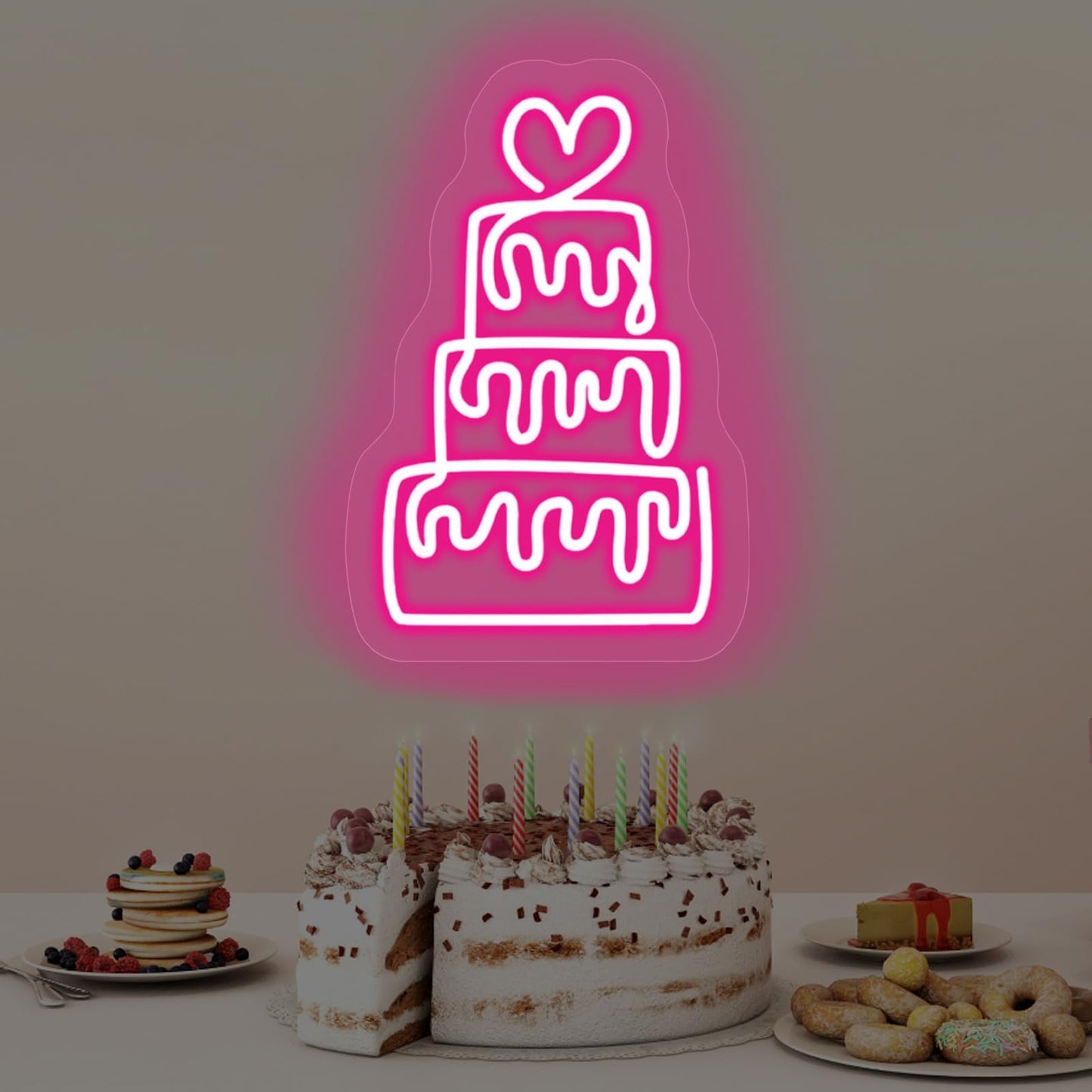 Birthday Cake Neon Sign for Wall Decor LED Dimmable Acrylic Neon Light up Birthday Party Sign Banner Handmade Wall Art Lights for Food Shop shops Christmas Birthday Party Gift,