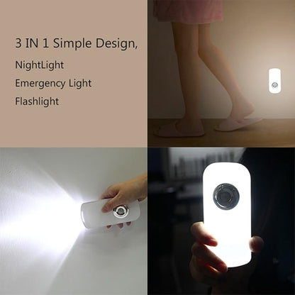 3-in-1 LED Night Light with Motion Sensor & Flashlight, Rechargeable Emergency Light, Auto Sensing Portable Wall Mount - White