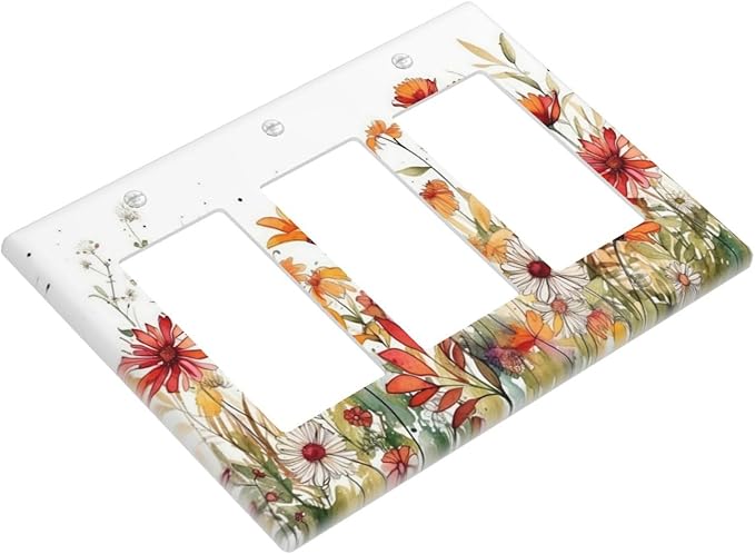 Watercolor Wild Flower Floral Triple Rocker Light Switch Covers 3 Gang Outlet Wall Plate Cover Decorative Switchplate Faceplate GFCI for Nursery Bedroom Bathroom Decor