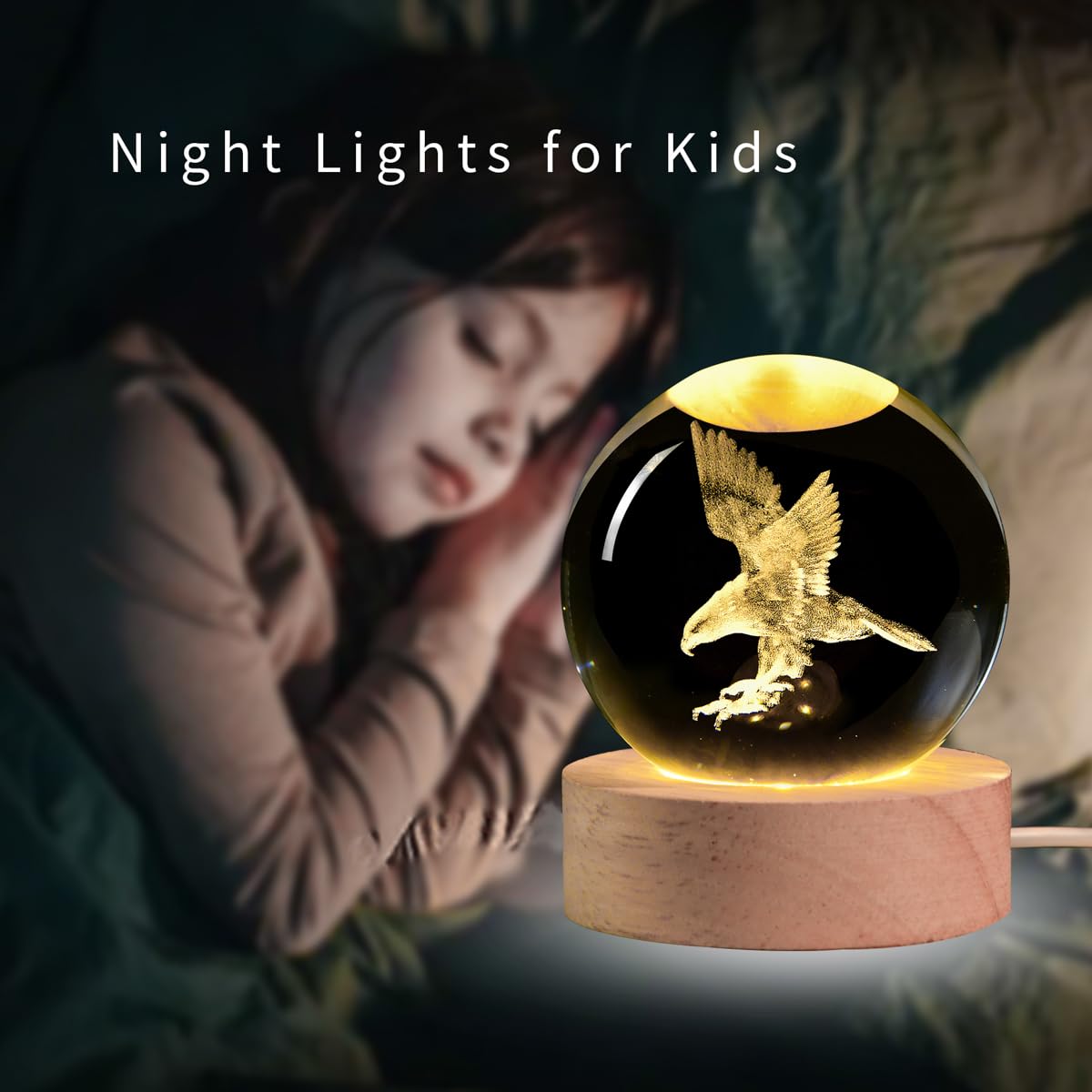 3D Laser Engraved Eagle Crystal Ball, Animal Figurine Decor Glass Sphere Lamp Night Light, Eagle Statue Gifts for Men Women Kids
