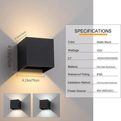 4 Pack LED Outdoor Wall Sconces Exterior/Interior,Modern Black Square Aluminum Wall Light Fixture Set,Variable Beam IP65 Waterproof Lights.15W 3-Color-Changeable Up and Down Outdoor Lighting Fixtures.