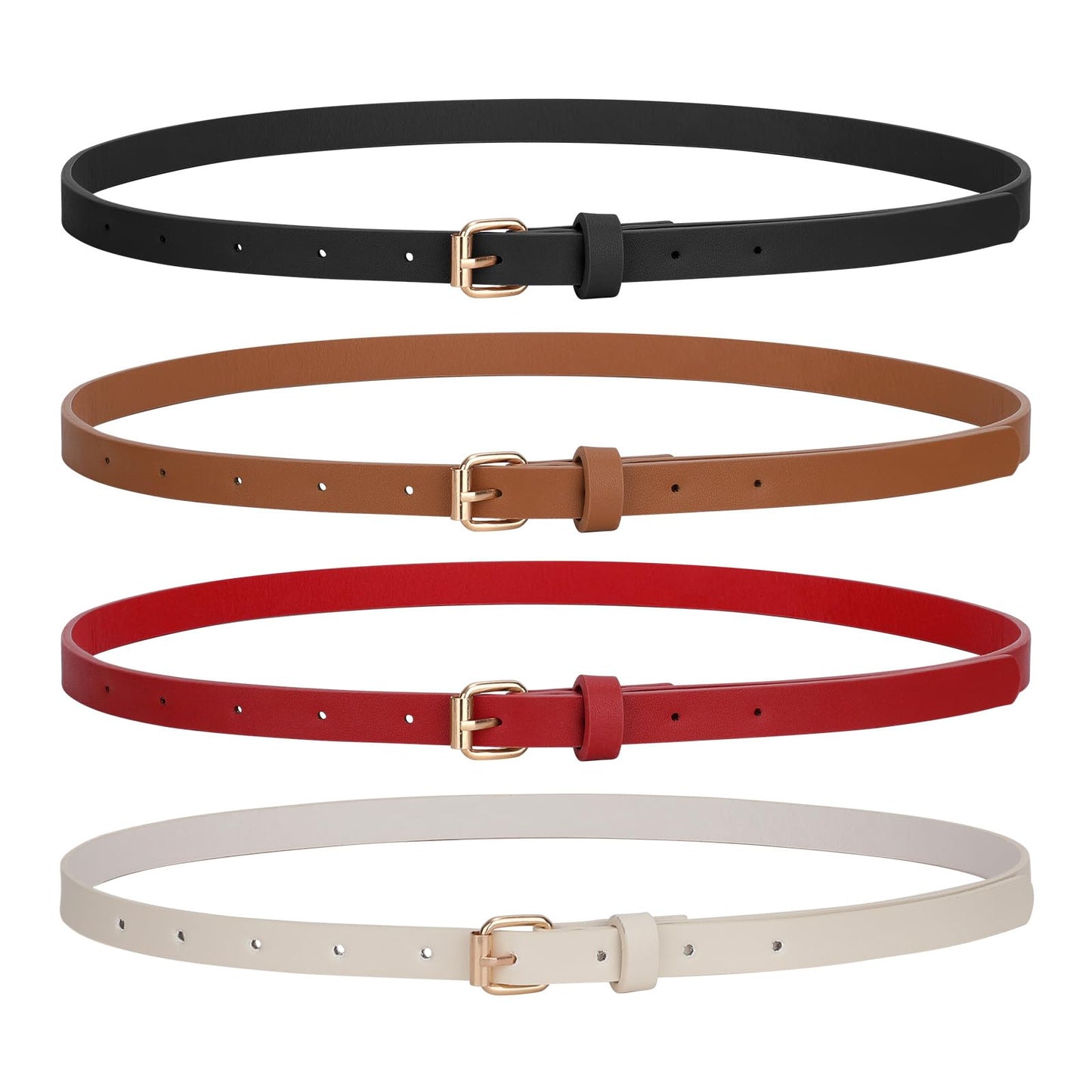 JASGOOD 4 Pack Skinny Women Leather Belt for Dress Thin Waist Belt for Jeans Pants with Gold Buckle 0.55" Width