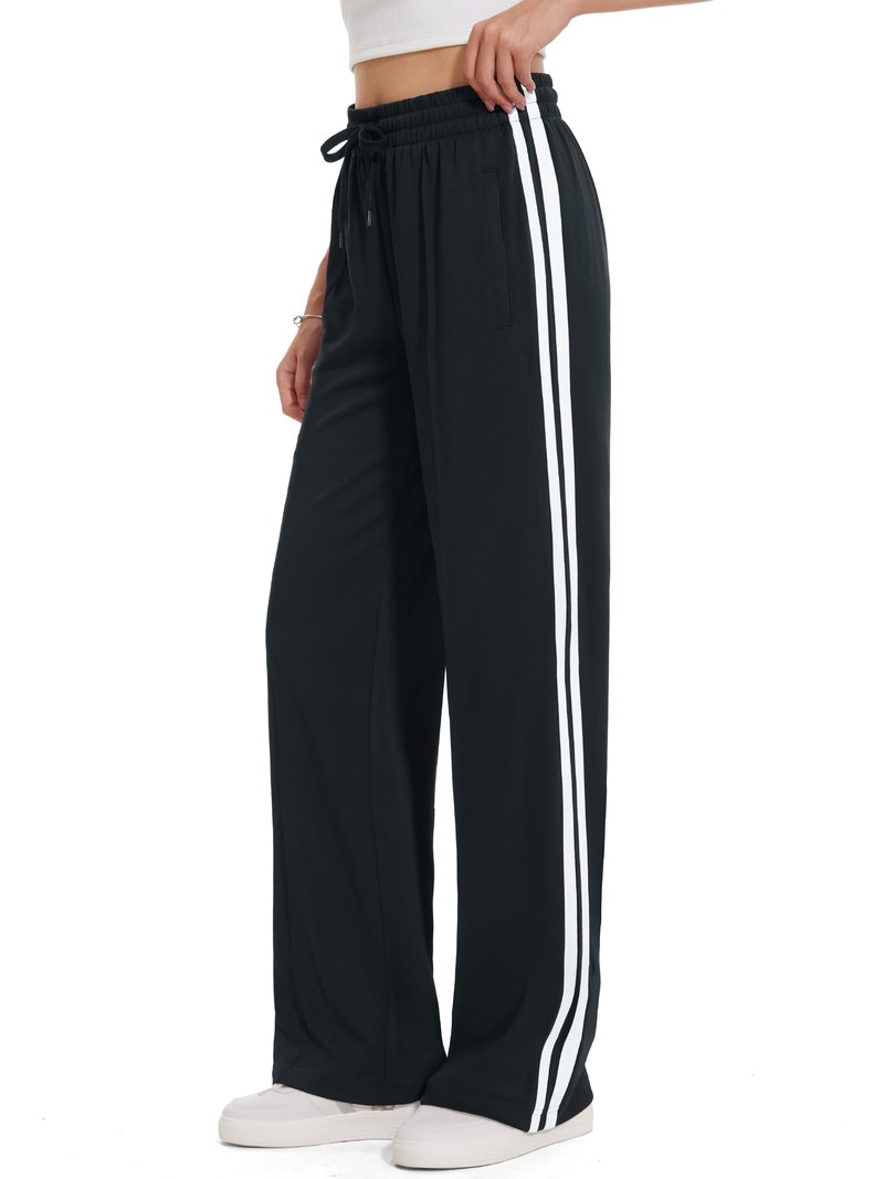 Tapata Extra Tall Woman 36" Inseam Stripes Sweat Pant High Waisted Drawstring Gym Exercise Lounge Joggers, Black, S