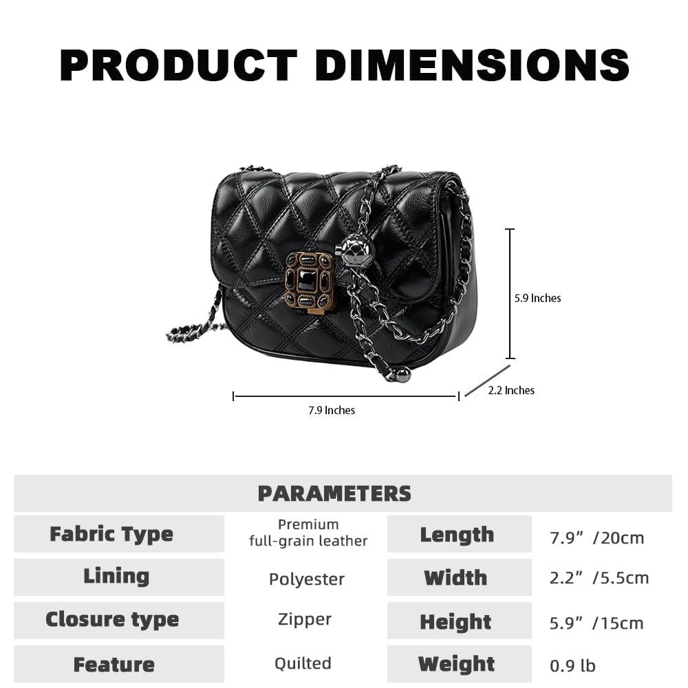 Mewpurrs Genuine Leather Crossbody Bag for Women – Quilted Small Flap Shoulder Purse with Vintage Clasp, Adjustable Chain Strap for Evening & Daily, Black