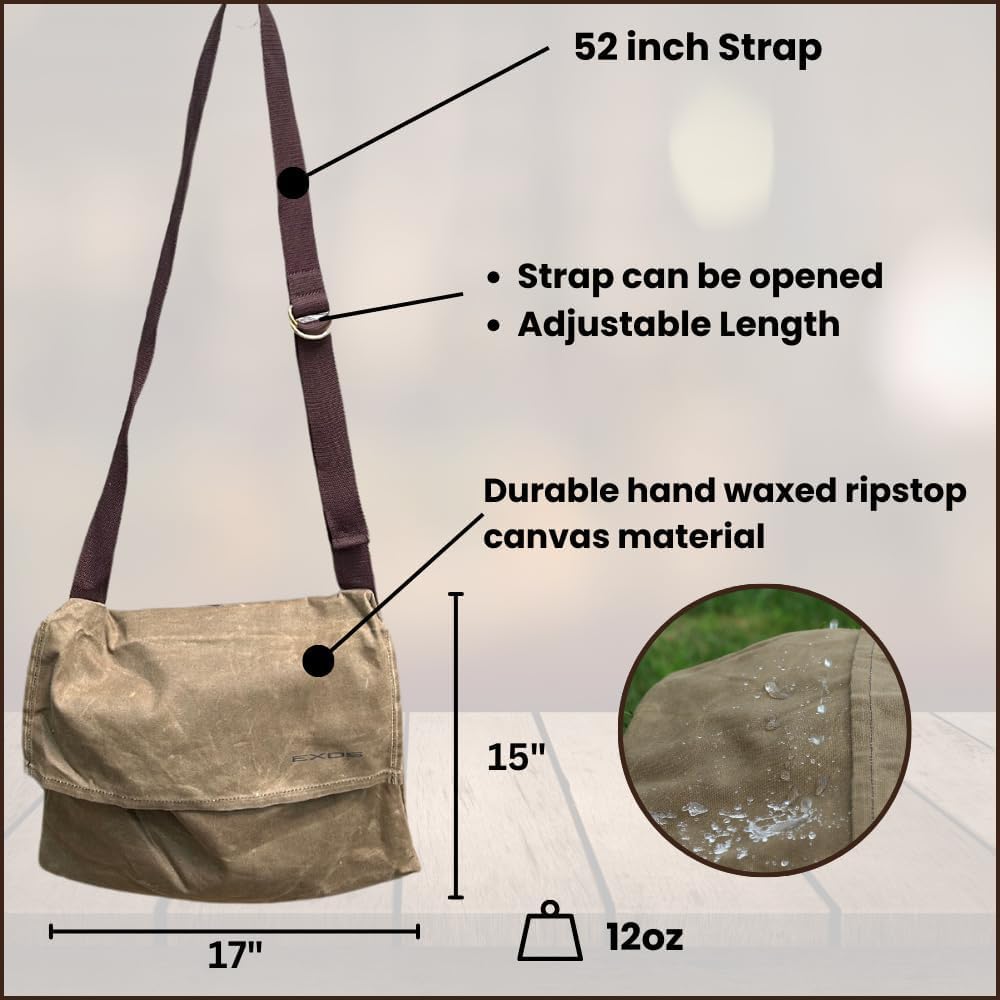 Exos Waxed Canvas Haversack, Bushcraft Shoulder Bag, Canvas Messenger Bag, Water-Resistant and Durable Gardening and Foraging Satchel - 17"x15", Dark Khaki Large