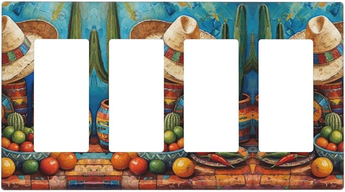 Decorative Art Light Switch Covers Mexican Sombrero & Serape Vibes 4 Gang Rocker Decora Outlet Covers Electrical Faceplate GFCI Wall Plate for Home Decor