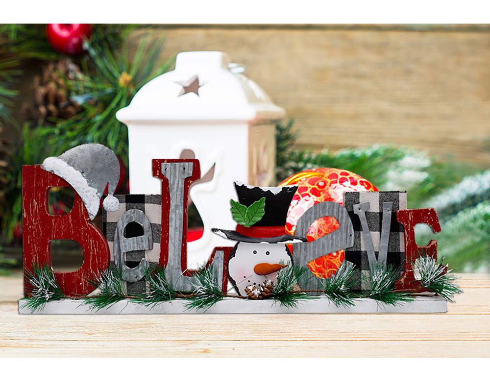 Wooden Tabletop Christmas Believe Sign Rustic Xmas Believe Merry Christmas Snowman Decorations for Home Rustic Believe Block Sign Farmhouse Fireplace Mantel Decor Xmas Winter Holiday Party Decor