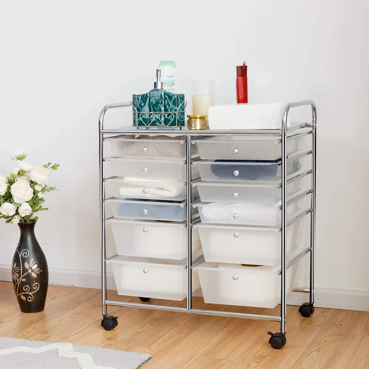 Moccha 12-Drawer Rolling Storage Cart - Under Desk Storage Drawers with wheels for Craft Art Supply Paper Salon, Scrapbook Paper Tools, Mobile Utility Cart for Classroom, Clear