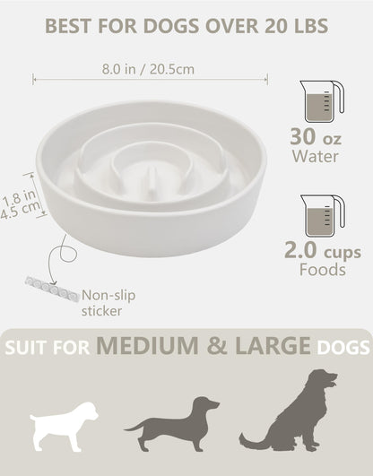 MOPANG Ceramic Slow Feeder Dog Bowls, 2.0 Cups Slow Feeder for Medium and Large Dogs, Puzzle Maze Bowl to Slow Down Eating, 30oz, 8in, White