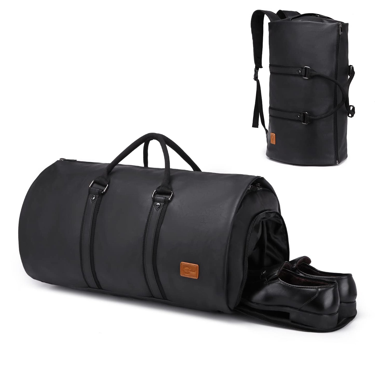Carry On Garment Backpack, 3 in 1 Waterproof Mens Garment Bag for Travel Business, Leather Duffel Bag with Shoe Compartment -Black