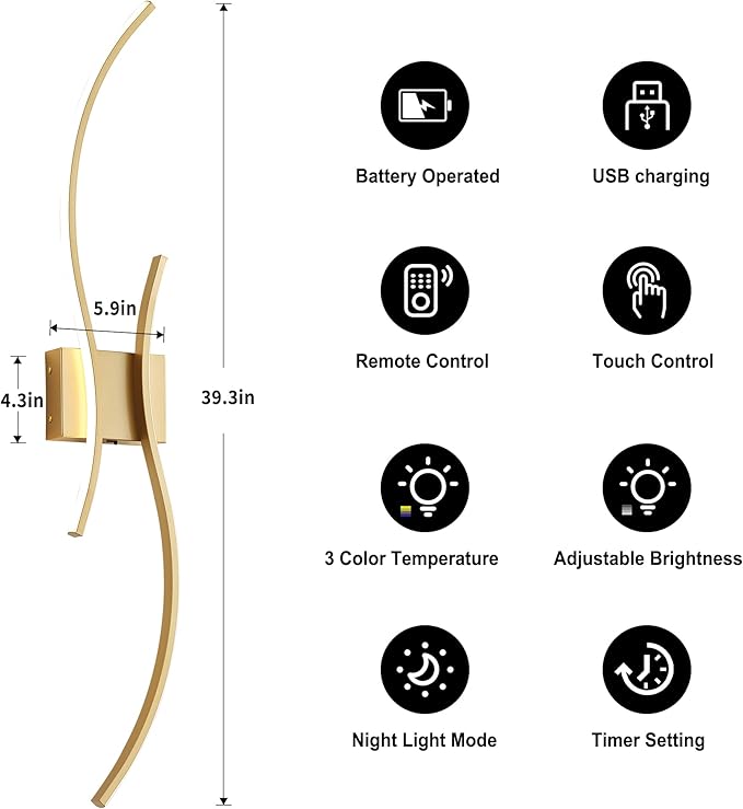 Battery Operated Wall Sconces Set of Two with Remote Control, Stepless Colors 3000K-6000K & Dimming, LED Gold Wireless Wall Light for Living Room, Hallway, Bedroom, 39.3 Inch (2 Pack)
