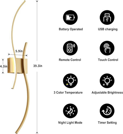 Battery Operated Wall Sconces Set of Two with Remote Control, Stepless Colors 3000K-6000K & Dimming, LED Gold Wireless Wall Light for Living Room, Hallway, Bedroom, 39.3 Inch (2 Pack)