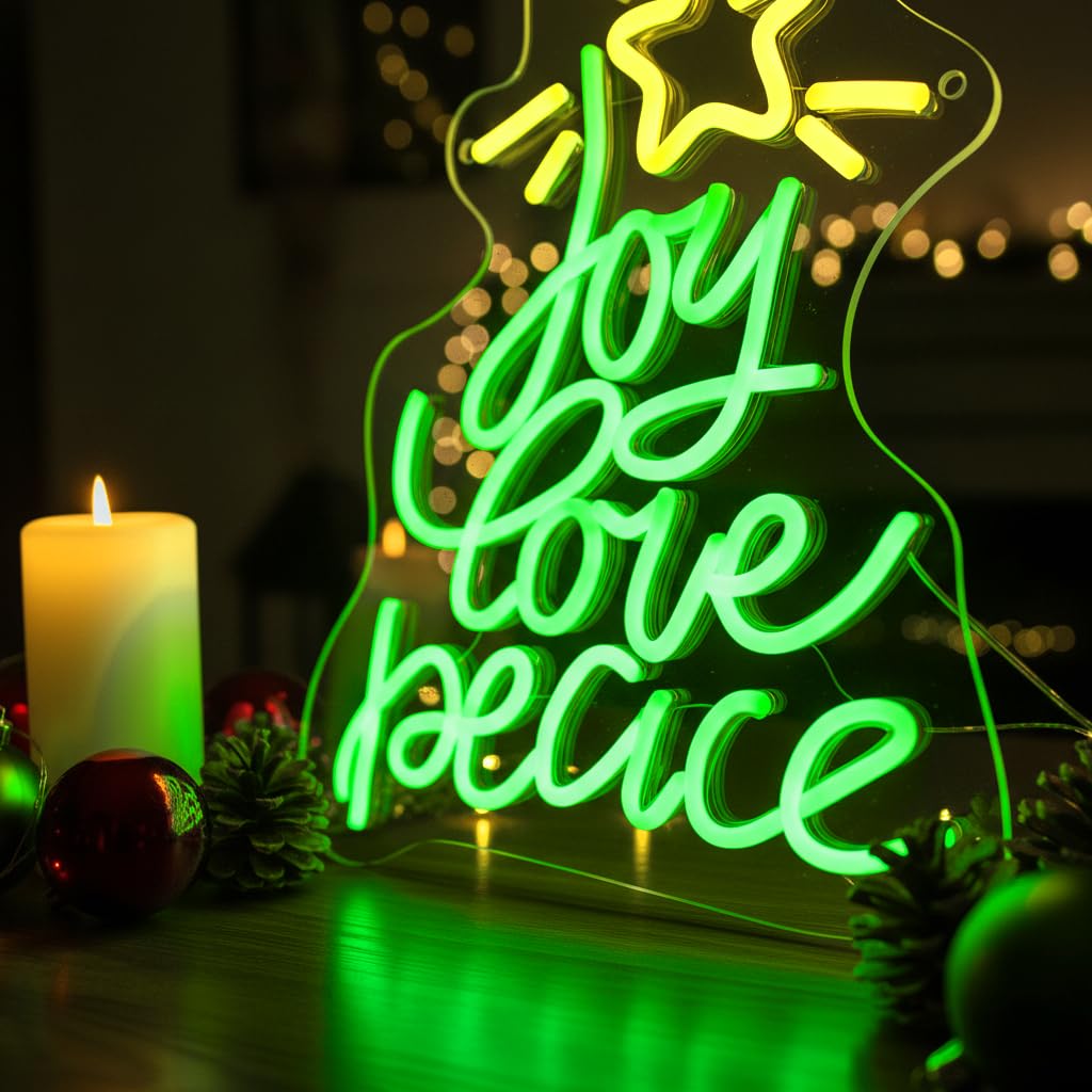 Christmas Tree Neon Sign, Xmas Trees Peace Love Joy Christmas Decoration, USB Powered Led Merry Christmas Neon Light Up Sign for Wall Decor, Xmas Led Sign for Home Holiday Gift New Year Party Backdrop