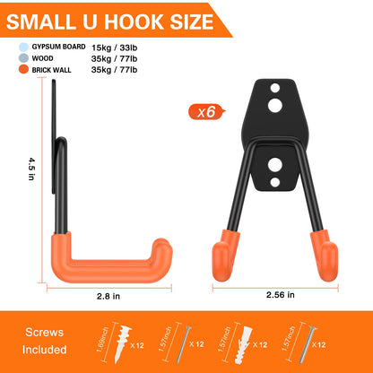 HUPBIPY Heavy Duty Garage Hooks 6 Pack, 2.8 inch Small U Shaped Hanger, Wall Mounted Storage System, Power and Garden Tool Organizer, for Hanging Ladders, Hose, Bulk Items and More