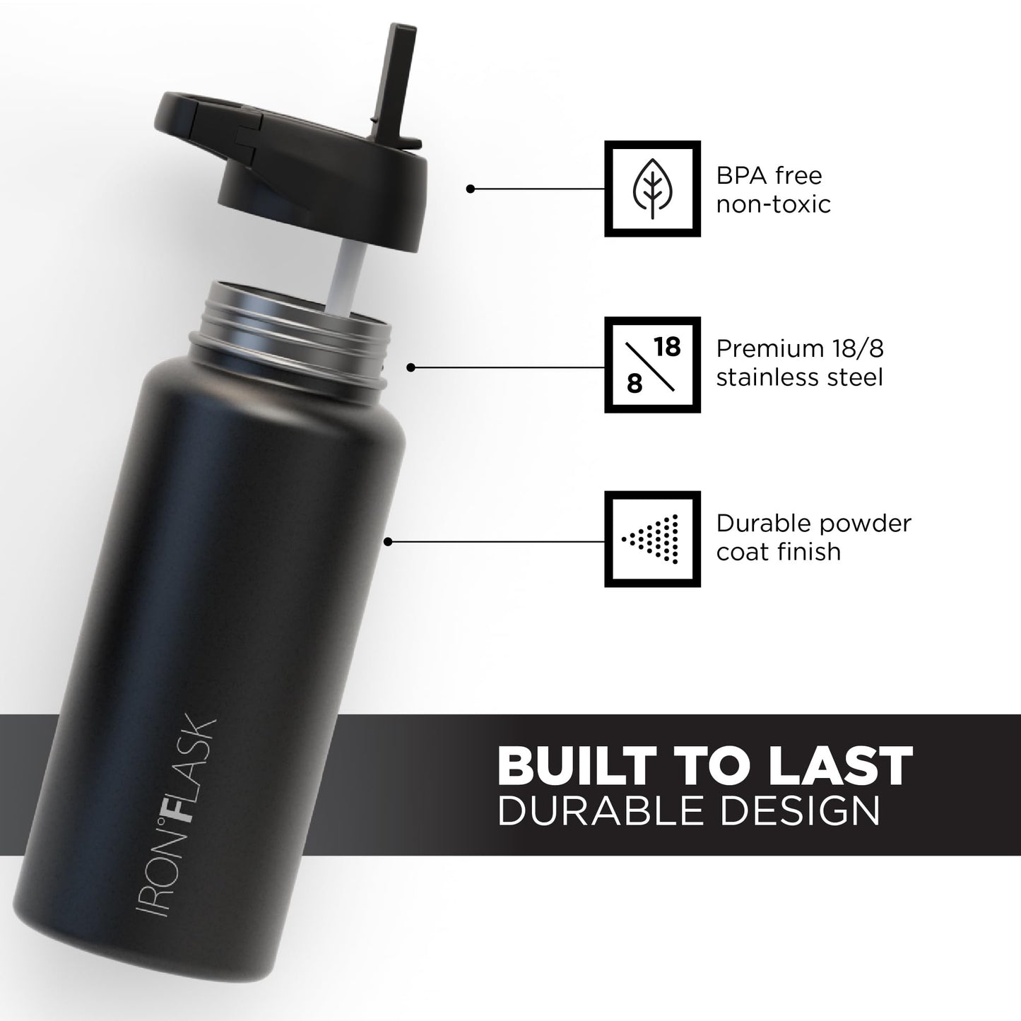 IRON °FLASK Camping & Hiking Hydration Flask with 3 Lids - Stainless Steel, Double Walled & Vacuum Insulated Water Bottle - Leak Proof & BPA Free (Midnight Black, Straw - 32 oz)