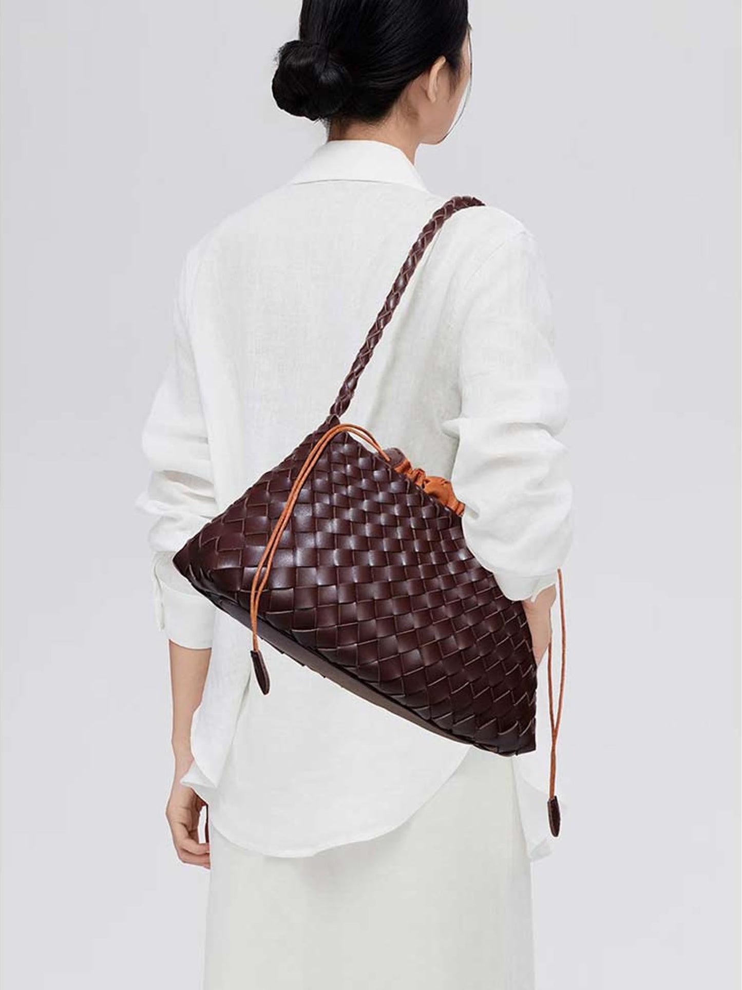 YDF Small Woven Purse for Women, Vegan Leather Shoulder Bag, Slouchy Tote Bag with Inner Drawstring Pouch, Underarm Handbag- Dark Brown