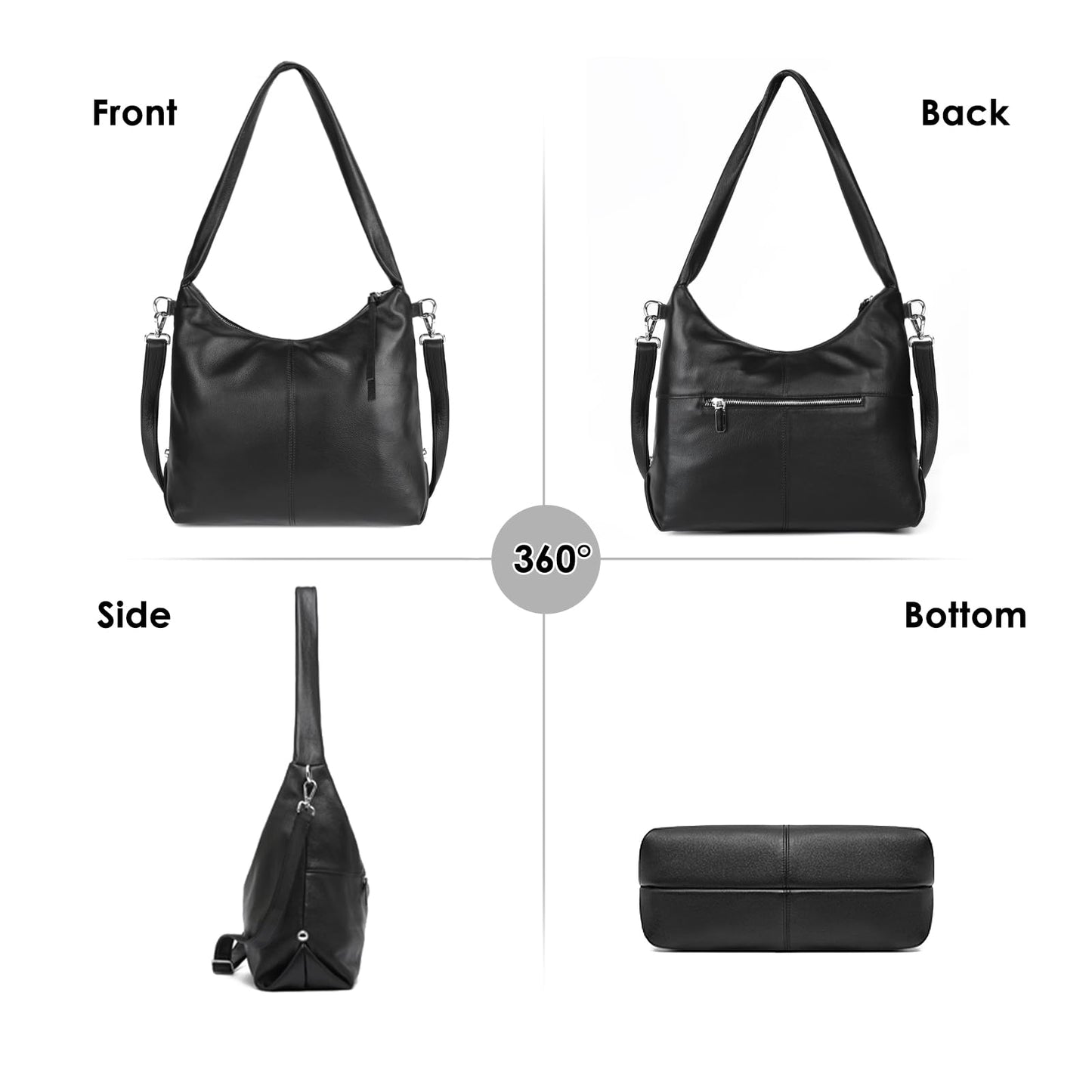 MFFOR Genuine Leather Hobo Bags for Women,Large Tote Bag, Slouchy Shoulder Handbags,Crossbody Purse with Removable Strap (Black)