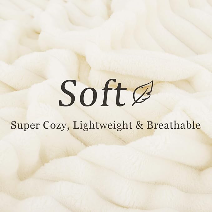 decorUhome Soft Fleece Cream White Twin Blanket for Bed, Cozy Fluffy Plush Flannel Striped Throws for Couch Sofa, Lightweight Decorative Ribbed Fuzzy Blanket for Woman, 60x80 Inches