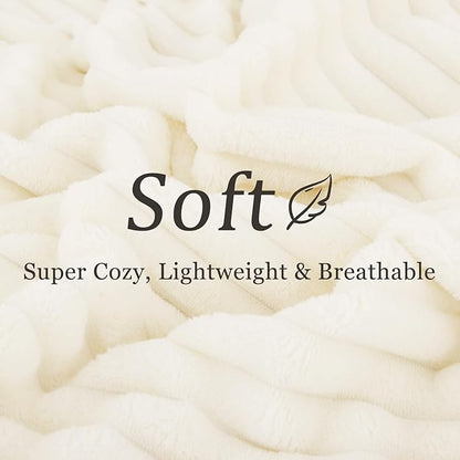decorUhome Christmas Soft Fleece Cream White Throw Blanket for Couch, Cozy Fluffy Plush Flannel Striped Blanket for Sofa Bed, Lightweight Decorative Ribbed Fuzzy Blanket for Woman, 50x60 Inches