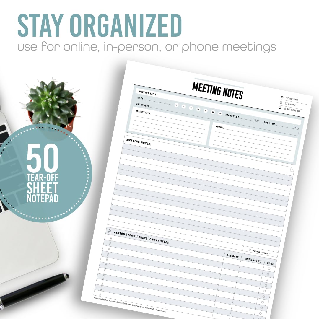 Goody Farm Meeting Notepad - 8.5 x 11-50 Sheets Double Sided Work School Meeting Pad Objectives, Agenda, Notes, Action, Tasks, Project Pads