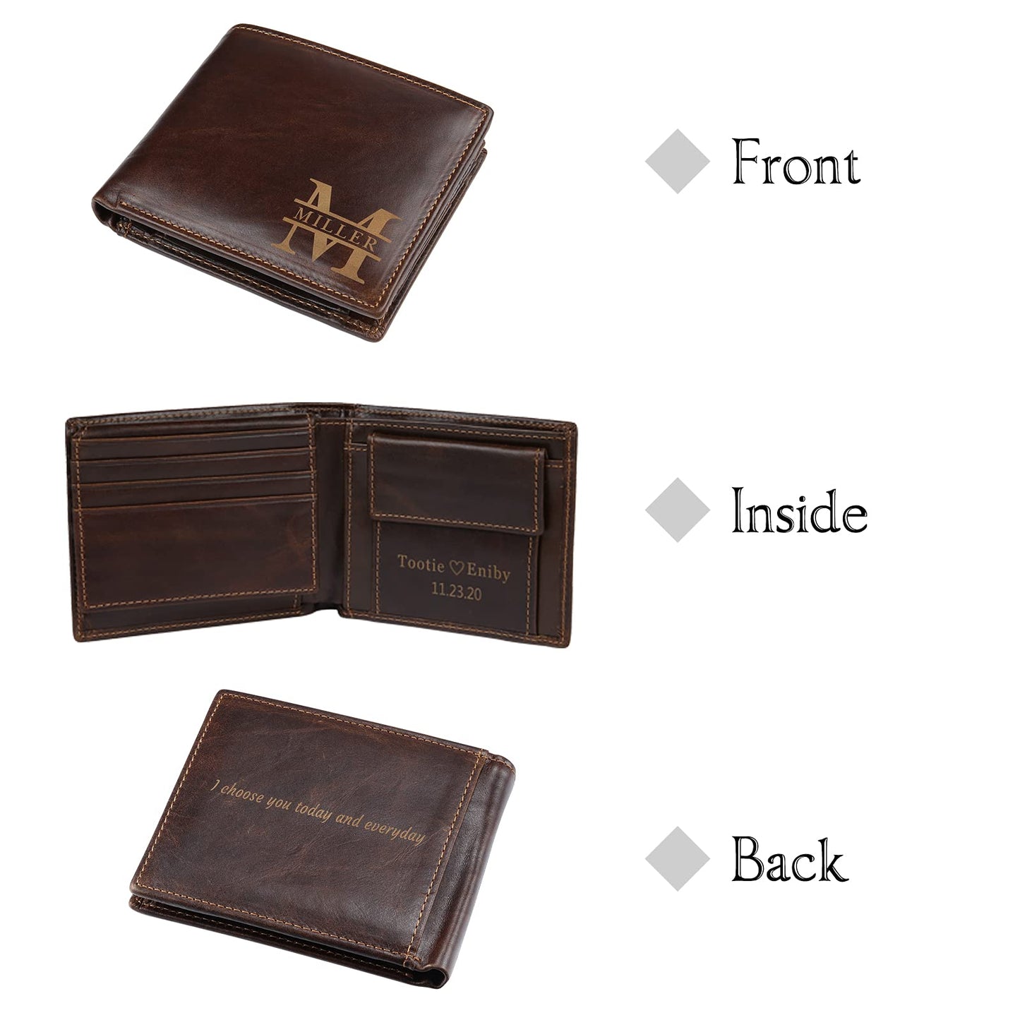 Glooraca Personalized Leather Wallet for Men, Custom Engraved Name & Initials Gift for Dad Father's Day, Genuine Leather RFID Blocking Bifold Thin Wallet (Color 1)