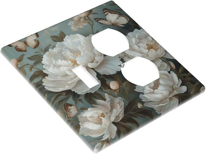 Decorative Art Light Switch Covers Butterflies & Peonies 2 Gang Single Toggle Duplex Combination Electrical Faceplate Switchplate Wall Plate for Home Decor