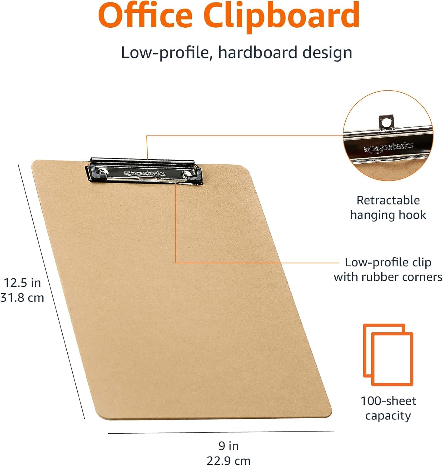 Amazon Basics Hardboard Office Clipboard, Low-Profile, Letter Size, 9" x 12.5", Brown, 6-Pack