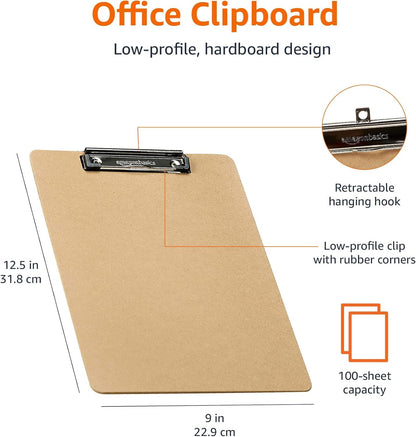 Amazon Basics Hardboard Office Clipboard, Low-Profile, Letter Size, 9" x 12.5", Brown, 6-Pack