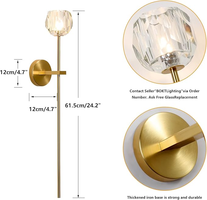 BOKT 1-Light Antique Brass Wall Sconce Lighting Fixture Modern Clear Crystal Ball Wall Sconce Lamp Brushed Gold Long Metal Wall Light Hardwired Bathroom Vanity Light Fixture