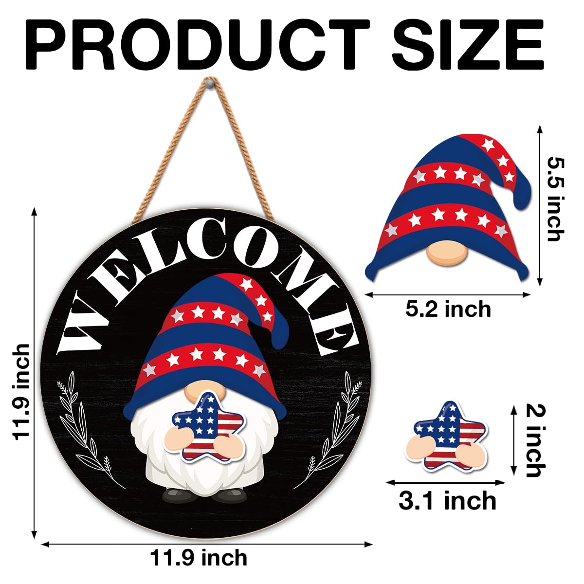 Interchangeable Gnome Welcome Sign Summer Patriotic 4th of July Porch Decor, Changeable Wood Gnomes Front Door Decoration Wreath Hanger for Spring Fall Winter All Seasons Holiday, Black and White