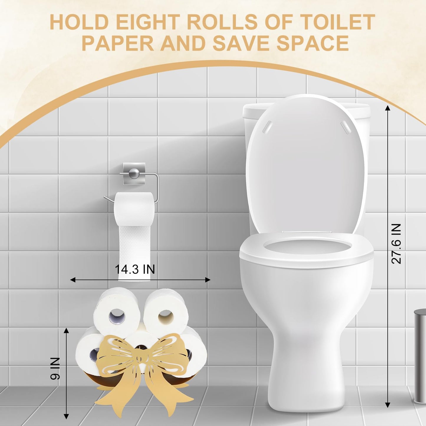 Geelin Bow Metal Toilet Paper Storage Holder Wedding Bow Bathroom Decor 8 Rolls Decorative Toilets Paper Holder Wall Mounted for Bathroom Kitchen Bedroom Coquette Home Decor(Gold)