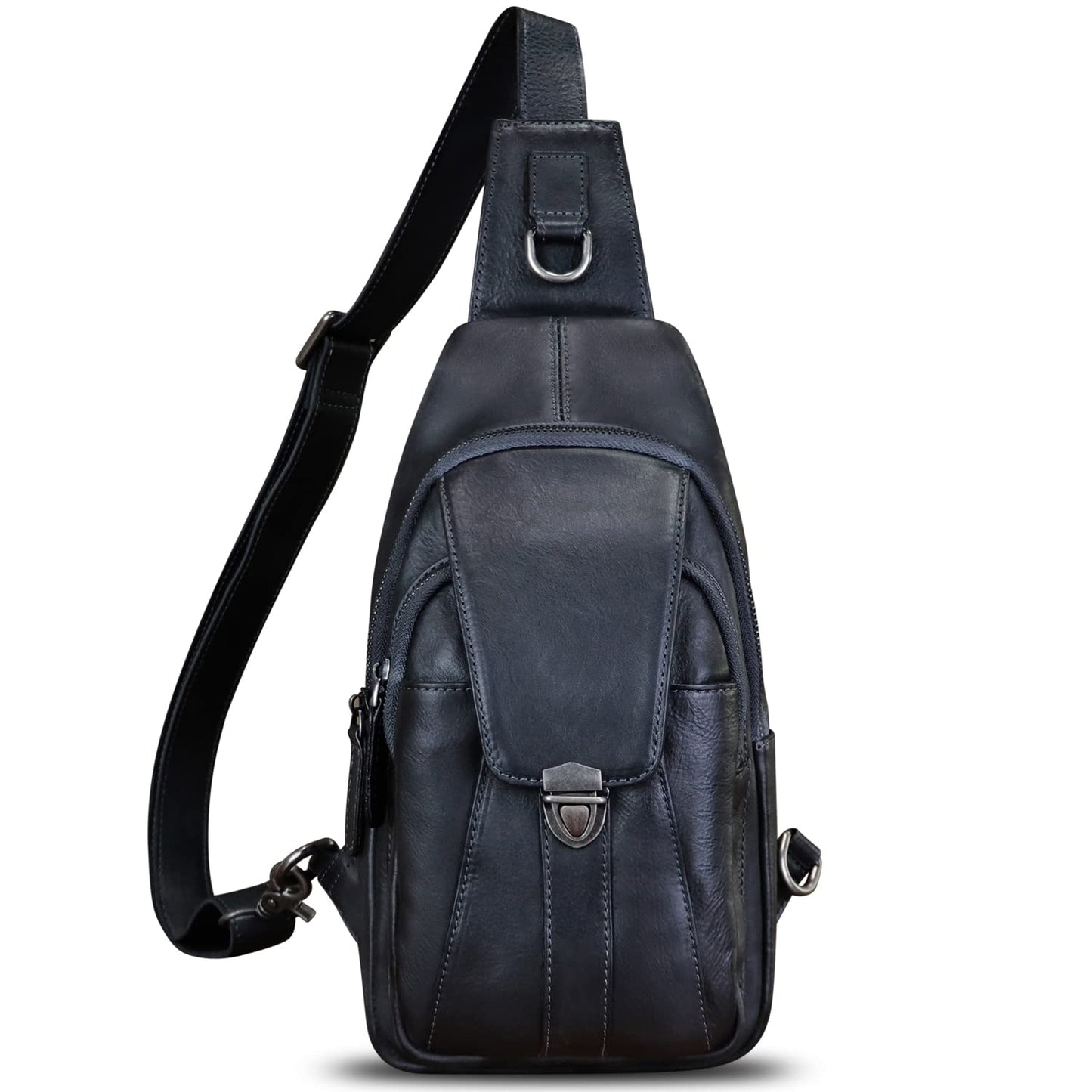 LRTO Genuine Leather Sling Bag for Women and Man Handmade Retro Hiking Crossbody Backpack Purse Chest Shoulder Daypack (Black)