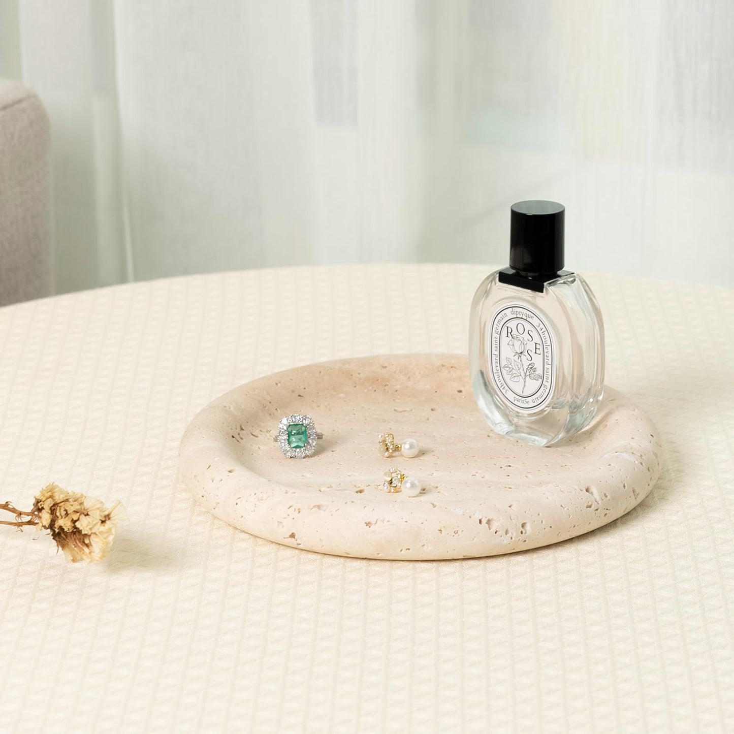 Koville Italian Round Travertine Tray, 8" Vanity Decorative Marble Tray for Countertop, Catchall for Perfume, Candles, Jewelry Dish